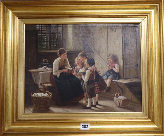 French School, 19th century interior with a family group, oil on board, 30.5 x 40.5cm